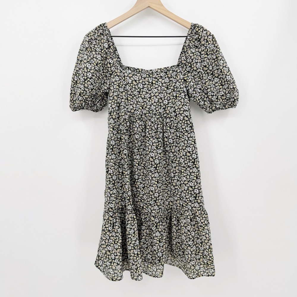 Uniqlo Floral Mini Dress XS Puff Sleeve Cottagecore Smocked Milkmaid Coquette